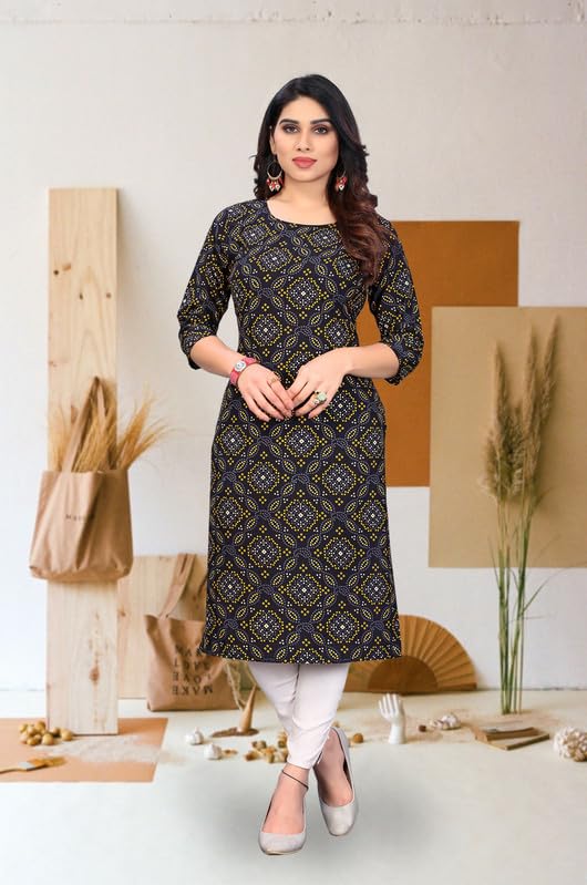Image of JAKHANA Women's Crepe Printed Casual Straight Calf Length Round Nick Kurta Pack of 4