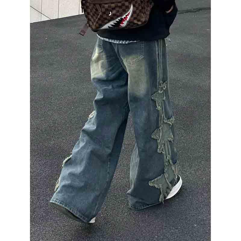 BXCNCKD Unisex Star Patch Denim Skirt, Loose Straight Leg Hanging Pants, Casual Wide Leg Pants2