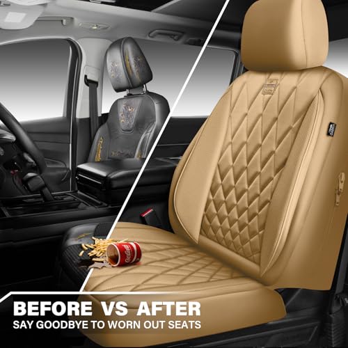 Image of CAR PASS Piping Luxury PU Leather Two Front Car Seat Covers, Waterproof Anti Slip Seat Covers Compatible with Front Seat Armrests,Universal Fit for Suvs,Vans,Trucks,Airbag Compatible(All Beige)