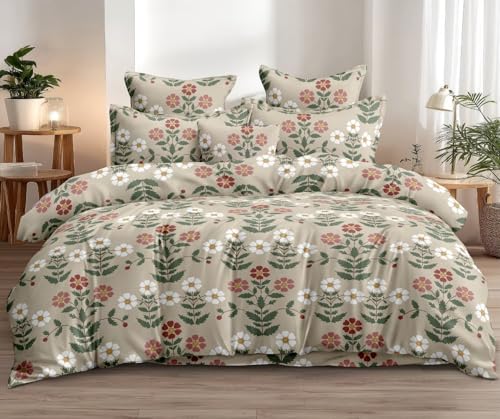 Image of DECOMIZER 240 TC Microfiber Soft Cotton Printed Single Bed Bedsheet for Diwan Bed, Size 60 Inches X 90 Inches, 152 X 230 cm with 1 Large Size Pillow Covers - BeigeLeafFlower