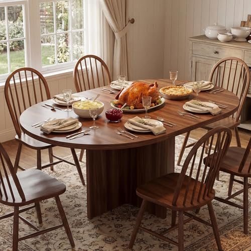 GarveeHome Kitchen Table for 4-8 People, Extendable Round Dining Room Table for Kitchen, 59 Inch Oval Table for Dining Room, Walnut(Table Only), Walnu