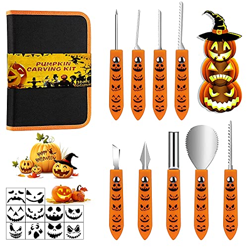 Professional Halloween Pumpkin Carving Kit - 9 Pcs Stainless Steel Pumpkin Carving Tools Set with Stencils and Carrying Case - Carve Pumpkin Sculpting Jack-O-Lanterns, Pumpkin Carver for Adults & Kids