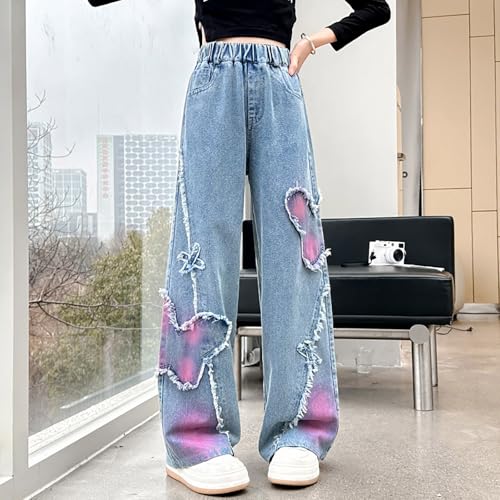 Girls Ripped Jeans Patchwork Cotton Pant Youth Tie Dye Baggy Denim Pants Teens Elastic High Wasited Leggings Streetwear3