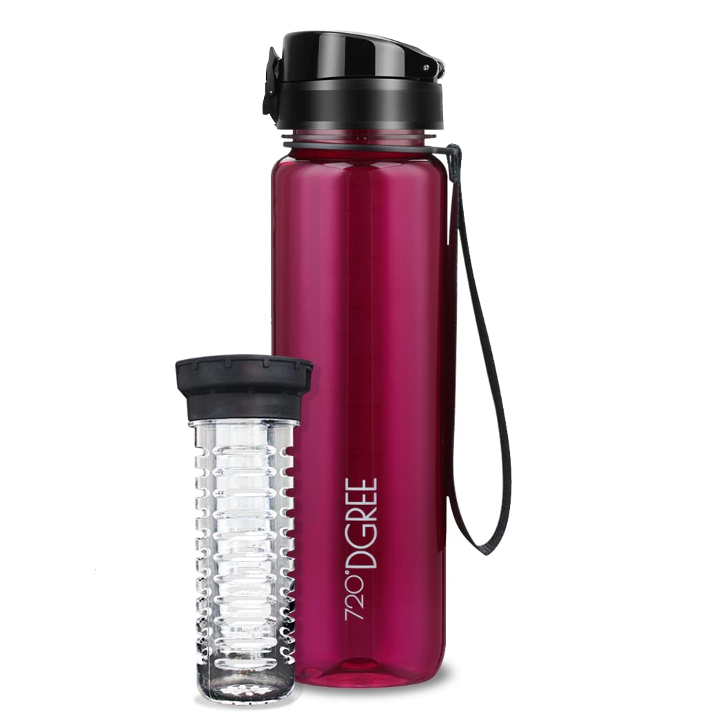 720°DGREE Trinkflasche “uberBottle“ 350ml, 500ml, 650ml, 1l softTouch +Früchtebehälter - Auslaufsicher, BPA-Frei - Schmale Wasserflasche für Kinder, Schule, Sport, Fahrrad, Gym, Fitness, Outdoor
