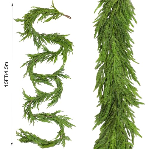 15FT Christmas Garland Real Touch Norfolk Pine Garland Winter Pine Garland for Mantle Stairs Railing Table Fireplace Wall Indoor Outdoor Holiday Xmas Decor Decoration by Green Moon - Used condition - US$41.87
