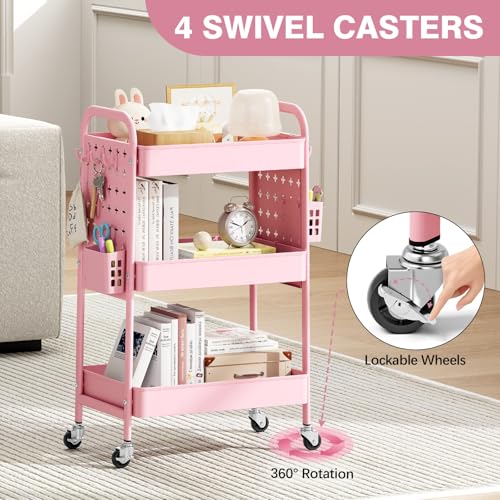 Image of KINGRACK 3 Tier Rolling Cart with DIY Pegboard, Metal Utility Cart with Wheels, Hooks & Baskets, Sturdy Storage Organizer for Craft, Bathroom, Kitchen, Office, Nursery, Classroom(Pink)