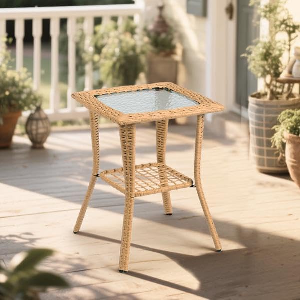 Outdoor Wicker Side Table, 2-Tier Rattan End Table with Glass Top, Beige Patio Coffee Bistro Table for Garden Porch Balcony, 18x18x22.6 Inches