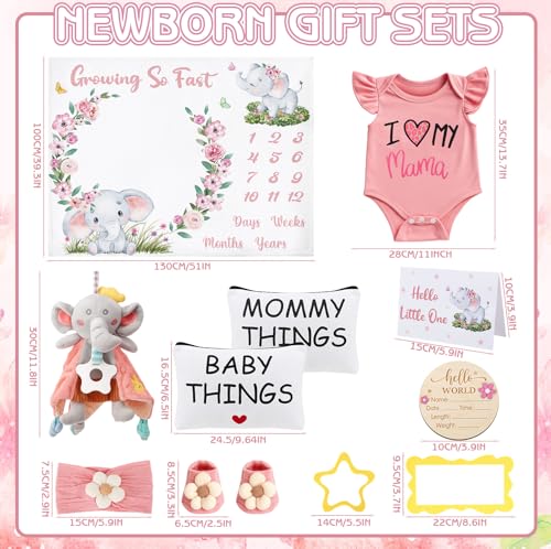 Image of Baby Girl Gifts, Baby Shower Gifts for Girls, New Mom Gifts Baby Girl Gift Baskets Elephant Baby Milestone Blanket Mommy and Baby Canvas Pouch Set Pregnancy Gifts for Women and Baby