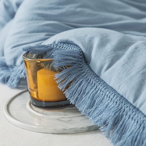 Image of Andency Grayish Blue Comforter Set Full Size, 3 Pieces Boho Tassel Lightweight Bedding Comforter Sets, All Season Soft Fluffy Fringe Bed Set (79x90In Comforter & 2 Pillowcases)