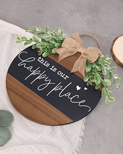 This Is Our Happy Place Front Door Round Wooden Sign For Farmhouse Porch Welcome Wreath Decor With Stapled Greenery Bow Our Happy Place Wood Hanger Housewarming Gift For Home Outdoor Indoor Decorations #TOP4