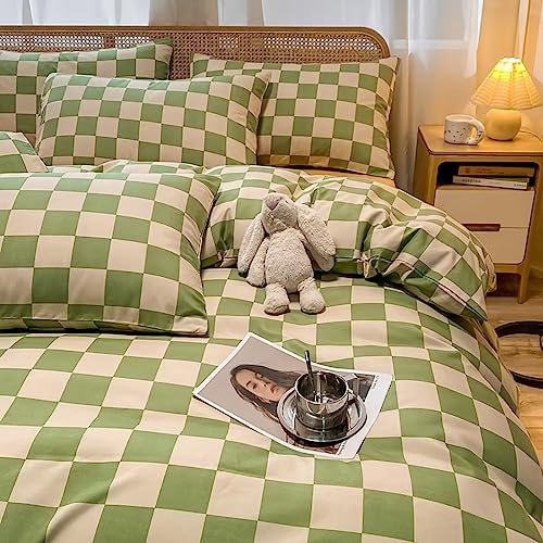 Houseri Sage Green White Plaid Comforter Set King Light Green And Beige Grid Bedding Checkerboard King Size Comforter Sets Women Men Grass Green Buffalo Plaid Comforters King Gingham Bedding Set King #TOP1