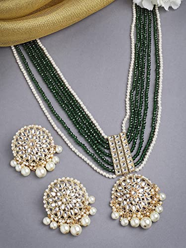 Image of Karatcart Gold Plated Green Crystal and Pearl Studded Kundan Rani-Haar Necklace Set for Women