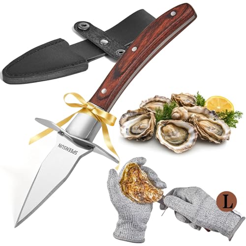 SPEENSUN Austernmesser,Austernmesser Und Handschuh,Austern Set mit Premium-Holzgriff,Edelstahl Austernöffner mit Handschuhe mit Schutzstufe 5 (L)...