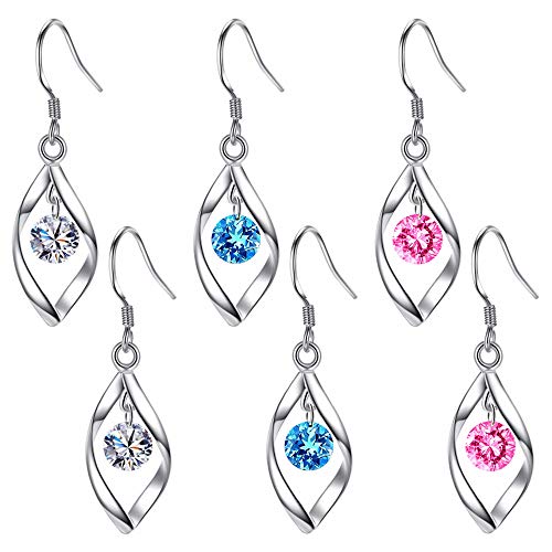 Ceqiny 3 Pairs Crystal Drop Earring Sets Twist Post Earrings Hook Earring Crystal Eye Drop Dangle Earrings Love Heart Dangle Drop Earrings with White Blue Pink Crystals Jewelry Gift for Women Girls