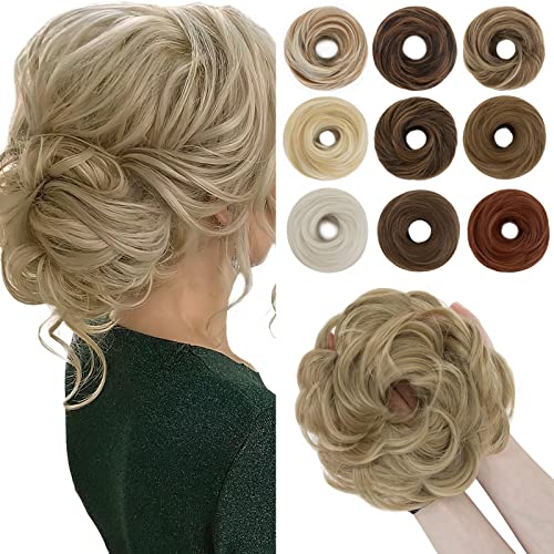 SEGO 55g Messy Bun Fluffy Tousled Updo Scrunchies Synthetic Thicker Hair Bun Hair Piece for Women Donut Easy Bun Hairpiece Ash Blonde