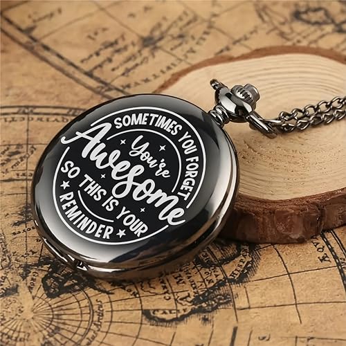 Image of Vintage Gandhi Style Pocket Watch with Engraved Designs & Messages Royal Black Analog for Men Women & Kids Includes Key Ring for car or Bike Keys Ideal Gift