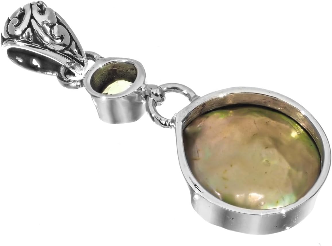 FifiRose 925 Silver Peridot Green Freshwater Coin Cultured Pearl Sterling Pendant, 1 1/4"
