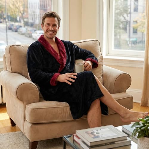 Image of U2SKIIN Mens Fleece Robe Plush Collar Shawl Bathrobe