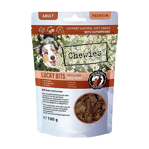 Chewies Lucky Bits Hirsch & Huhn Adult Hundeleckerli - Hunde-Leckerlis getreidefrei & Soft mit viel Protein und Superfoods wie Bierhefe oder Ginkgo, ohne Zucker (100 g)