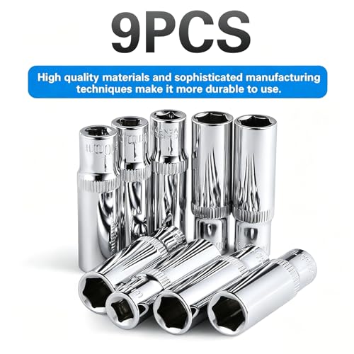 Image of 9-Piece 10mm Deep Sockets, 1 /4-Inch Drive, 6-Point, Corrosion Resistance, Compatible with Standard Ratchet Wrenches and Tools