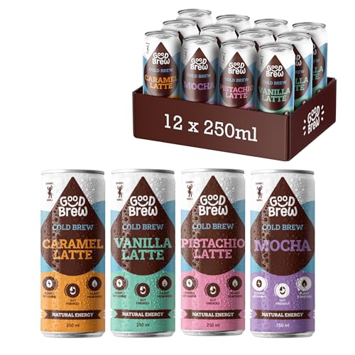 GoodBrew Cold Brew Iced Coffee Cans 4 Flavours - Oat Milk, Low Sugar, Plant Based, Dairy Free - With Gut-Friendly Fibre & Vitamins A, D & E - 12 x 250ml Cold Coffee Drinks Multipack