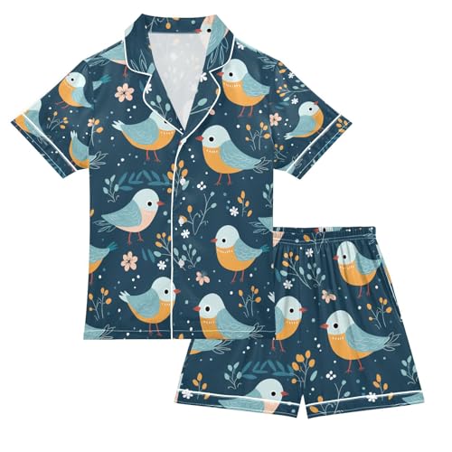 senya Blue Birds Satin Summer Pajama Sets Silk Short Sleeve Button Down Sleepwear