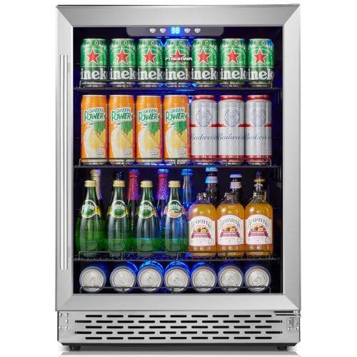 Image of Phiestina Beverage Refrigerator 175 Cans Under Counter Beer Cooler 24 inch Quiet Built-in or Freestanding Beverage Fridge Glass Door Auto Defrost 5 Removable Shelves for Home Bar Office
