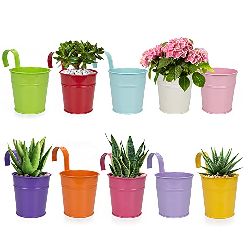 Tosnail 10 Pack 4 Inch Small Metal Plant Flower Pot, Balcony Garden Railing Planter, Fence Hanging Planter, Metal Bucket for Home, Classroom Decoration