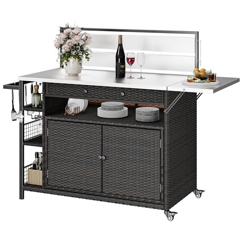 Image of DWVO XL Outdoor Bar Table & Storage Cabinet, Wheels and Stainless Steel Extended Table Top, Patio Bar Table with Side Handle for Patio Kitchen or Bar Cart, Dark Brown
