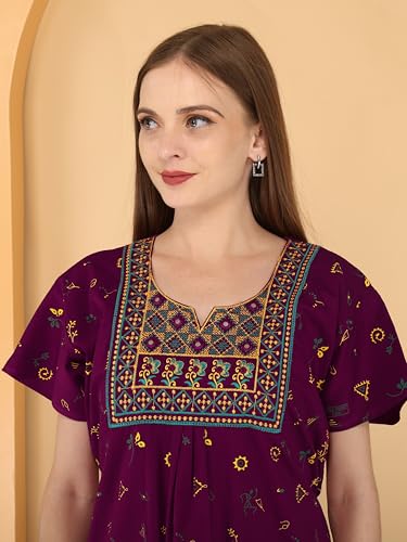 Image of DIAMO Pure Cotton Embroidery Nighty for Women, Cotton Night Gown, Night Maxi Gown, Cotton Nighty with a Pocket and Adjustable Knot