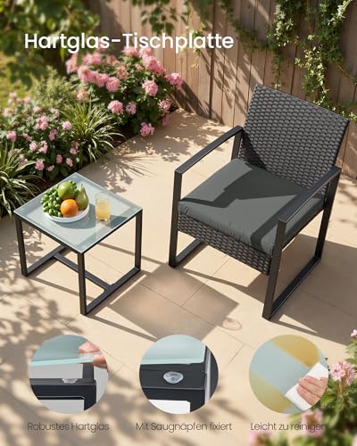 SONGMICS Balkonmöbel, Gartenmöbel-Set, aus PE-Polyrattan, Lounge-Set, Tisch und 2 Stühle, Terrassenmöbel, einfache Montage, Outdoor, für Terrasse, Balkon, Garten, schwarz-grau GGF010G05 6