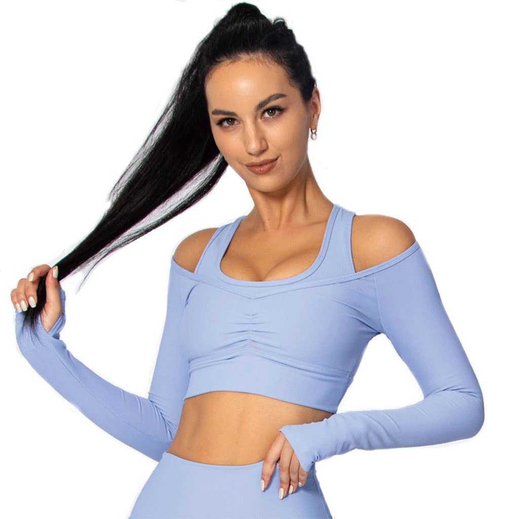 HSQMA Camiseta De Yoga Deportiva De Manga Larga para Mujer，Ropa De Camisa De Entrenamiento Sexy, Tops De Entrenamiento Deportivo Atlético (Color : Blue/, Size : S/)
