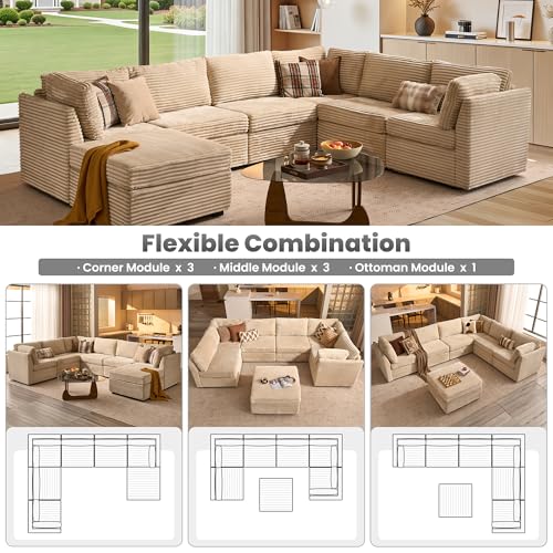 Image of ovios Modular Sectional Sofa Couch with Sofa Bed U-Shape Chaise, Comfy Plush Corduroy Cloud Couches, Modern Luxury Deep Seat Sofas Set for Living Room, 7-Seater, Beige