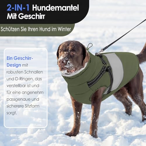 AOFITEE Hundejacke Große Hunde, Wasserdicht Winter Hundemantel mit Geschirr für große Hunde, Warme Hundemantel Hunter Fleece Wintermäntel Hundekleidung Schneeanzug für Französische Bulldogge, Grün L