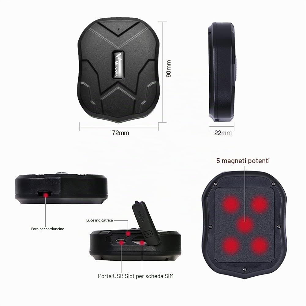 Winnes 4G LET GPS Tracker Localizzatore GPS Auto Tracking in Tempo Reale Tracciatore di Posizione,Geo-Fence Alarm App Gratuita Antifurto per Auto Moto Camion con Forte Magnete (TK905-5000nah)