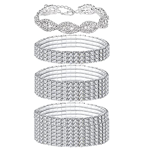 4 PCS Rhinestone Stretch Bracelets for Women Bling Bikini Competition Jewelry Silver Bridal Sparkly Wedding Strand Tennis Bracelet Set