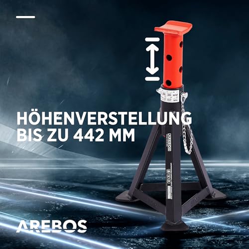 Foto von Arebos 2X Unterstellbock | je 3 Tonnen Tragkraft | höhenverstellbar 299-442 mm | Unterstellbock Set | Wagenheber Ständer | Stützböcke mit Sicherungssplint & Gummiauflagen | Stützfuß, Stahl