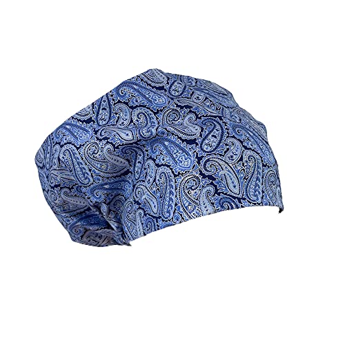 European Style Scrub Cap No Ribbon. Blue Paisleys.- Scrub Hat for Women & Men tie Back | Working Cap with Holder. Bouffant, Scrub Hats for Women, Unisex Surgical Caps, Nurses Hats | Dr. Hats
