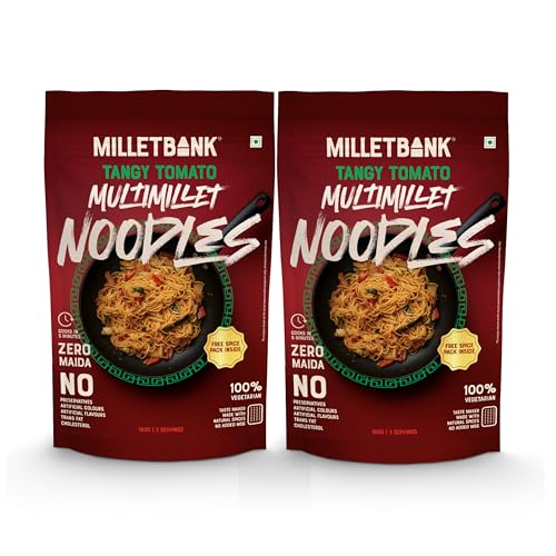 Image of Millet Bank Multi Millet Hakka Noodles Tangy Tomato|Noodles With No Maida, Not Fried, No MSG, No Added Preservatives 180gm Each Pack of 2