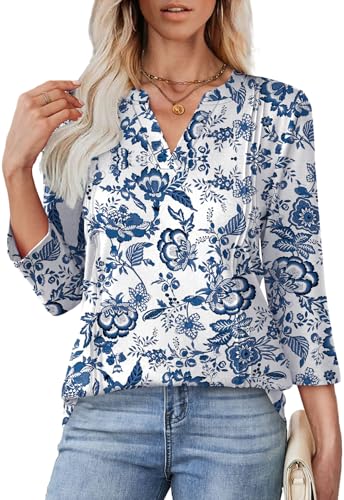 WIHOLL Womens Tops 3/4 Length Sleeve V Neck Shirts Dressy Casual Pleated Blouses Fall Vacation Fashion Trendy Clothes2