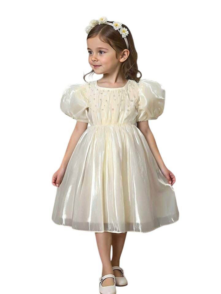 Image of Buy & Try Girls Crystal Puff Sleeve Birthday Dress for Baby Girls | Silk Knee-Length Frock with Zipper Closure | Party Outfit for Kids | Perfect Birthday & Special Occasion