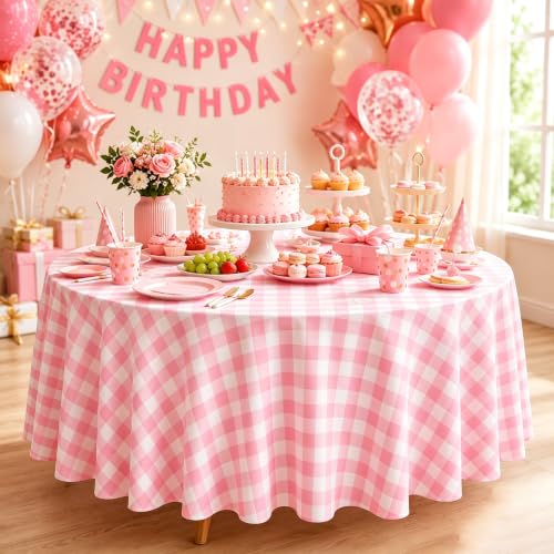 Image of WNINK 2 Pack Pink Gingham Round Tablecloth, 84 Inch Disposable Plastic Table Covers, Pink Checkered Round Table Cover for Birthday Parties, Holiday, Picnic, BBQ, Family Gathering Party Supplies