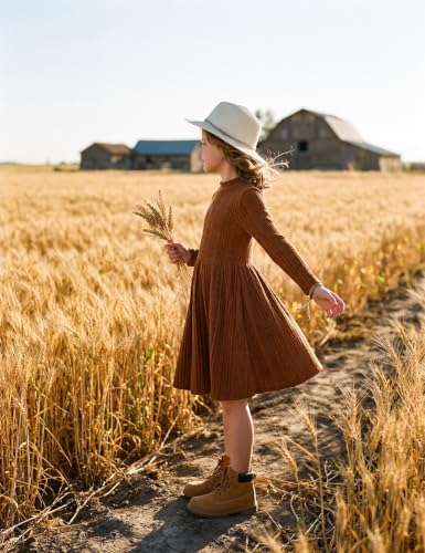 Image of Arshiner Girls Dresses Long Sleeve A Line Knit Sweater Dress with Pockets