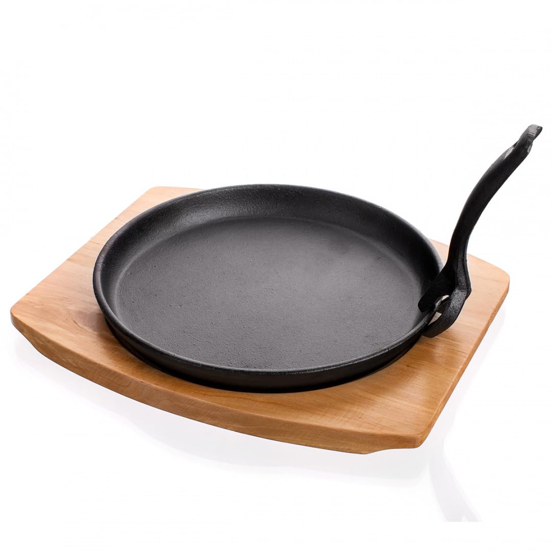 Banquet Cast Iron Round Sizzler Pan on Wooden Stand with Removable Handle, Black, 24 x 28.5 x 5.5 cm