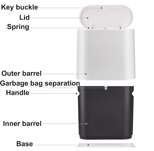 Miniatura 7 de Sooyee - Contenedor de basura de plástico rectangular con tapa a presión, para baño, tocador, dormitorio, cocina, taller, oficina, 10 litros, negro