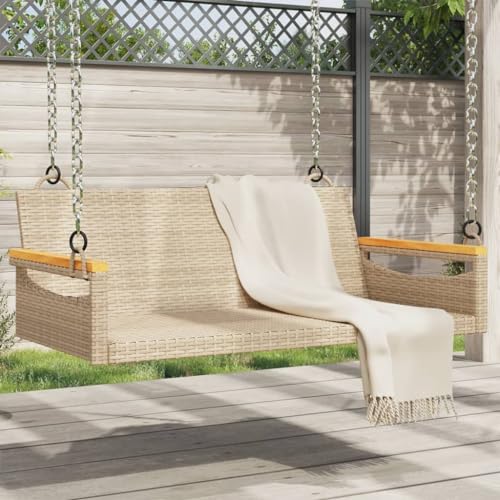 Balancelle résine tressée 109x62x40 cm Beige pour extérieur, siège Suspendu avec Anneaux de Fixation, Cadre Acier Robuste, capacité 110 kg