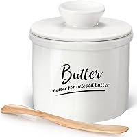 AISBUGUR Ceramic Butter Keeper Crock with Lid & Wooden Knife - Keeps Butter Soft & Fresh 2-5 Weeks on Countertop (White)