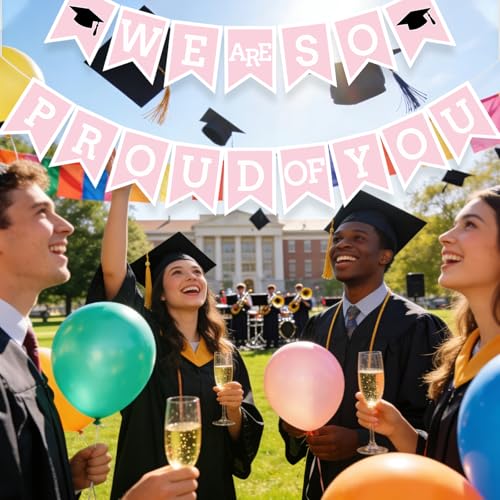 Image of Pink We Are So Proud Of You Banner Congrats Grad Cap Bunting Flag Grad Party Decoration Idea