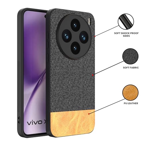 Image of Kapa Soft Fabric & Leather Hybrid Protective Back Cover for Vivo X200T 5G | Shockproof Slim Hard Anti Slip Back Case (Black,Brown)