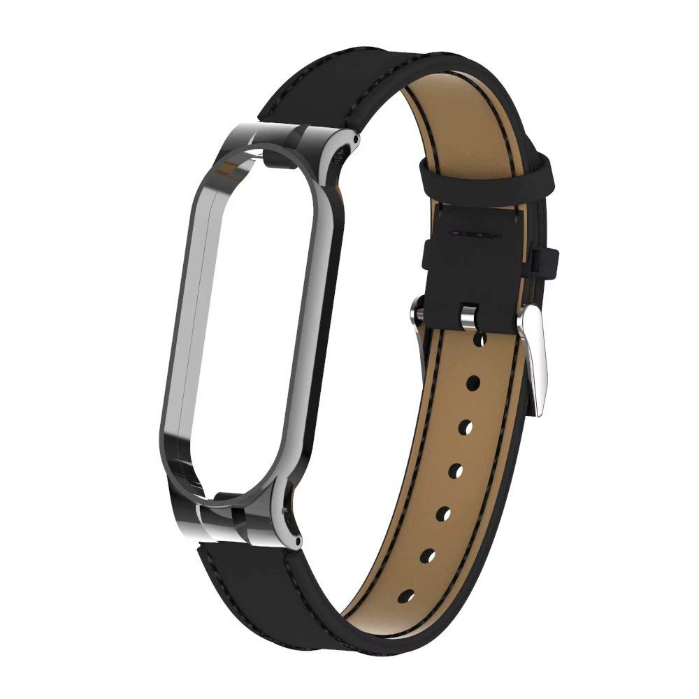 T-BLUER Bracelet Compatible with Xiaomi Mi Band 5/Mi Band 6 in Leather, Adjustable Replacement Strap Metal Connectors Accessories Men Women